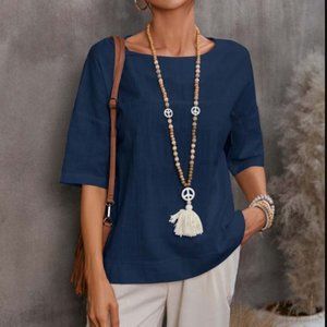 E-Rétro | Navy Crewneck Half-Sleeve Top